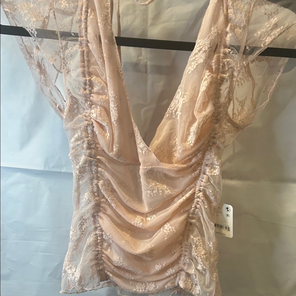 Free People INTIMATELY NWT Sheer Blush Lace Ruched V-Neck Top MAIVE CHALK